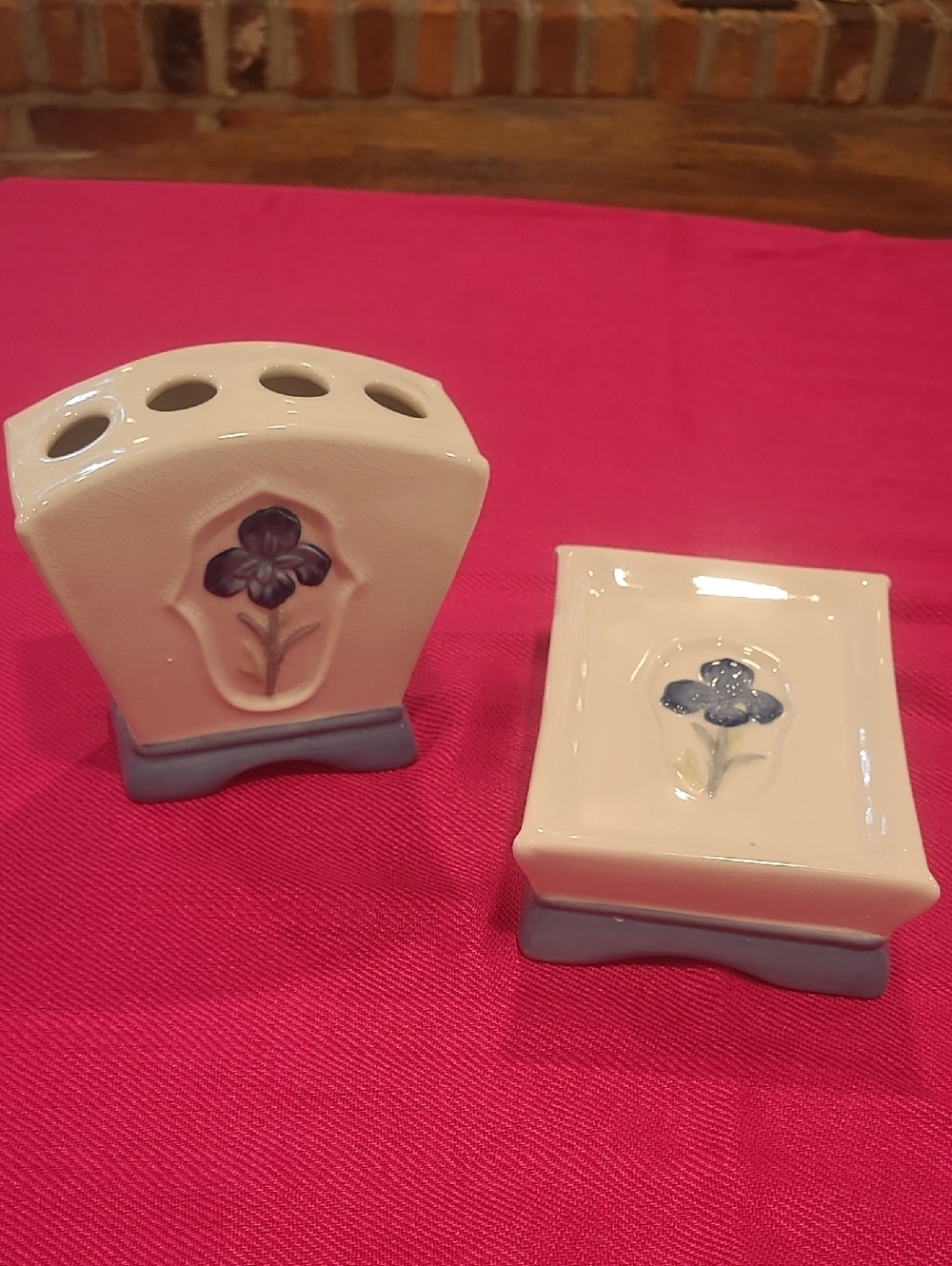 Vtg Blue Pansy Toothbrush Holder and Soap Dish By SKL/WW